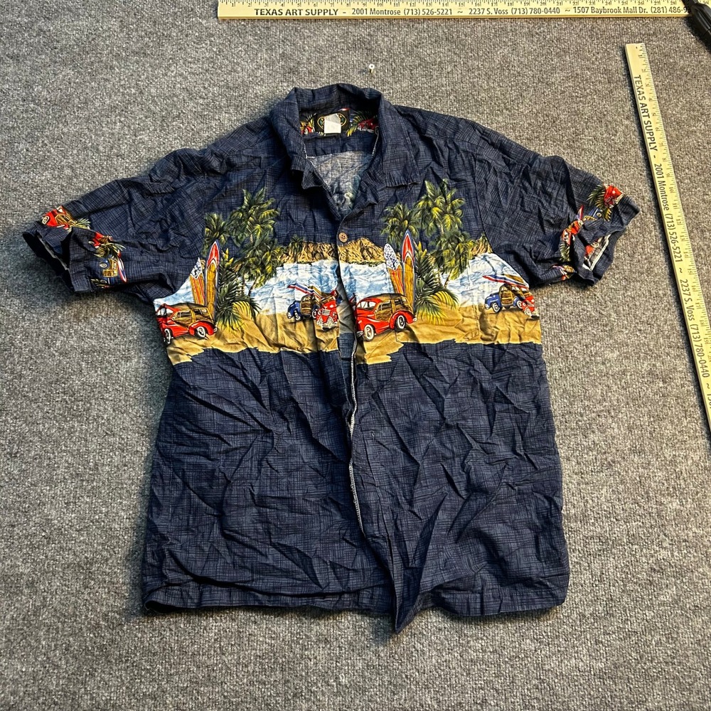 Hawaiian Reserve Collection Shirt Mens Size L Navy Blue Surf Classic Car